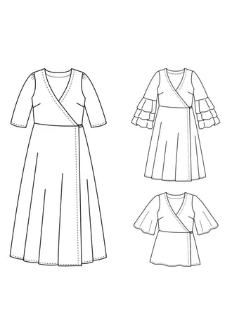 Illustration du patron de couture pdf à télécharger MANDARINE : la robe / blouse portefeuille avec plusieurs options de manches.