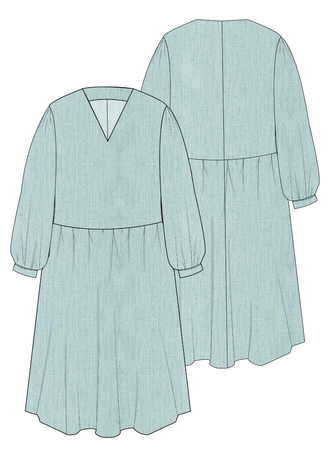 Dessin technique de la MIMA robe-taille de 30à 58 EU, patron de couture pdf à télécharger, présentant une robe midi avec manches bouffantes.