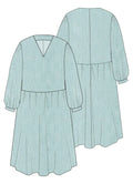 Dessin technique de la MIMA robe-taille de 30à 58 EU, patron de couture pdf à télécharger, présentant une robe midi avec manches bouffantes.