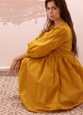 MIMA robe-taille de 30à 58 EU en jaune, patron de couture pdf à télécharger, élégante robe midi ample avec manches bouffantes.