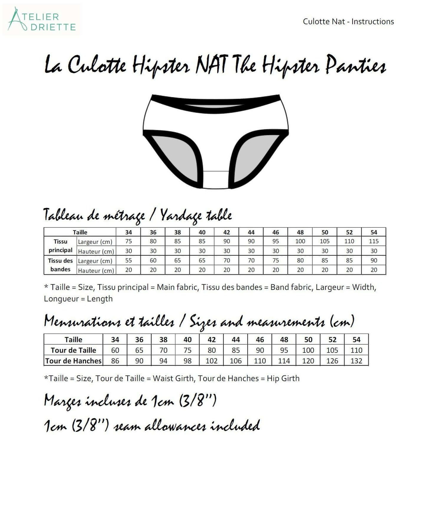 Guide des tailles pour NAT - Culotte Hipster pour femmes du 34 au 54, patron de couture pdf à télécharger, instructions et mensurations.
