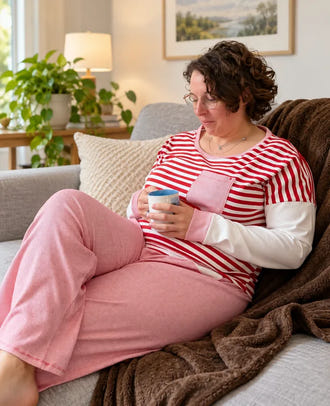 Femme portant le Patron PDF Pyjama NOVA du 34 au 60, rayé rouge et blanc, assise sur un canapé