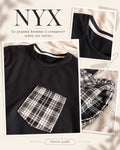 Patron PDF NYX Pyjama homme, détail du pocket en coton à carreaux noir et blanc sur haut noir