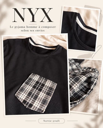 Patron PDF NYX Pyjama homme, détail du pocket en coton à carreaux noir et blanc sur haut noir