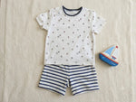 Patron PDF Pack T-shirt/Short LOULOU et TWIST, t-shirt blanc à motifs ballons, short rayé bleu et blanc