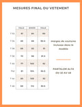 Tableau des tailles pour Pantalon Alta, patron de couture pdf à télécharger du 32 au 46, avec marges incluses.