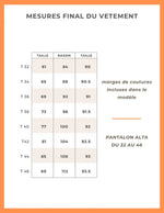Tableau des tailles pour Pantalon Alta, patron de couture pdf à télécharger du 32 au 46, avec marges incluses.