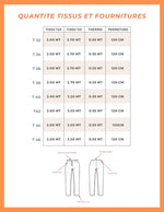 Tableau des tailles et tissu pour le Pantalon Alta, patron de couture pdf à télécharger, montrant les quantités de tissu et accessoires.