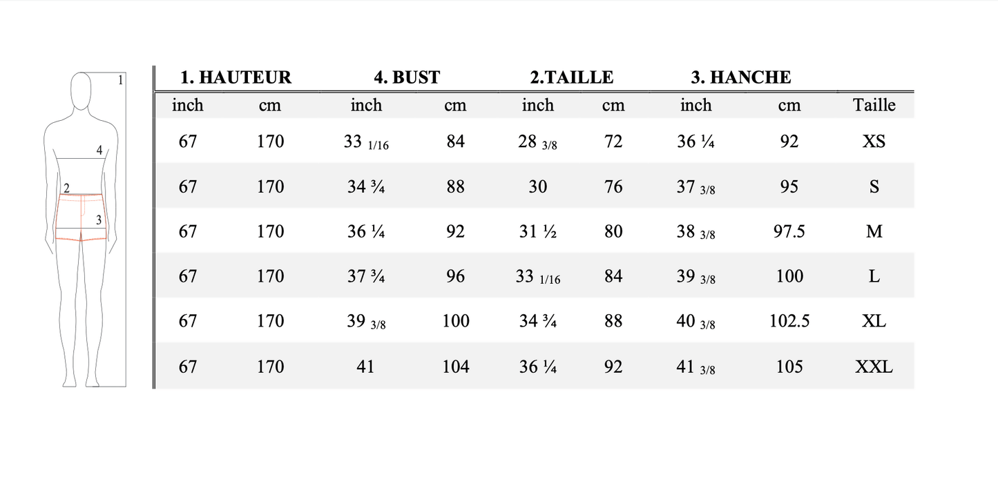 Tableau des tailles pour Pantalon - XS/XXL - BASIL, patron de couture pdf à télécharger, incluant tailles XS à XXL avec mesures en cm et inch.