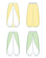 Patron de couture PDF à télécharger pour Pantalon Yasmine Enfants, options de finitions incluant ceinture élastiquée et jambes bouffantes.
