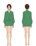 Patron PDF Chemisier MIA du 30 au 58, vue arrière, chemise verte à manches longues et short assorti