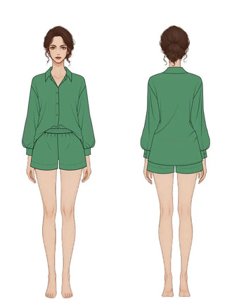 Patron PDF Chemisier MIA du 30 au 58, vue arrière, chemise verte à manches longues et short assorti