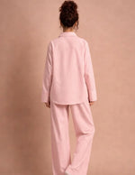 Patron PDF Ensemble Blouse & Pantalon Pyjama ROSIE, vue arrière en coton rayé rose et blanc, coupe ample et confortable