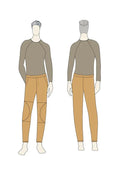 Patron PDF Homme & Femme Comfortino du S au XXL, vue technique avant-arrière, legging avec détails aux genoux en coton