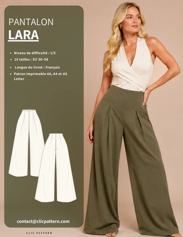 Femme portant le Patron PDF Pantalon LARA du 30 au 58, large et fluide en viscose kaki, vue de face