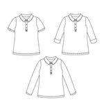 Patron PDF Polo multi-manches pour Toute la Famille Kiwi, trois vues de face avec col et boutons, manches courtes