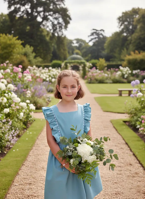 Fillette portant le Patron PDF Robe Angélico du 2 au 14 ans, manches courtes à volants, allée fleurie de jardin