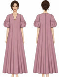 Patron PDF Robe Longue IRIS, vue arrière, manches bouffantes, col V, drapé fluide jusqu'aux chevilles