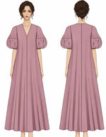 Patron PDF Robe Longue IRIS, vue arrière, manches bouffantes, col V, drapé fluide jusqu'aux chevilles
