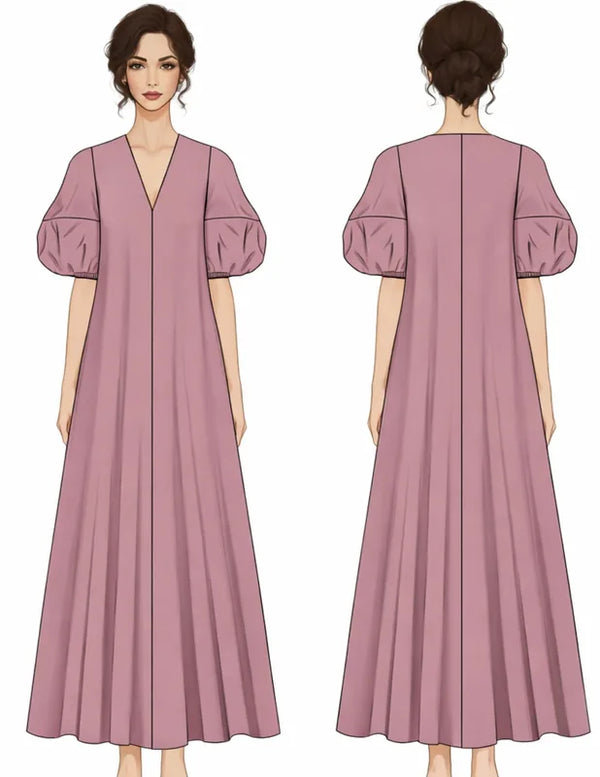 Patron PDF Robe Longue IRIS, vue arrière, manches bouffantes, col V, drapé fluide jusqu'aux chevilles