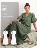 Femme portant le Patron PDF Robe IRIS longue du 30 au 58, manches bouffantes, en lin kaki