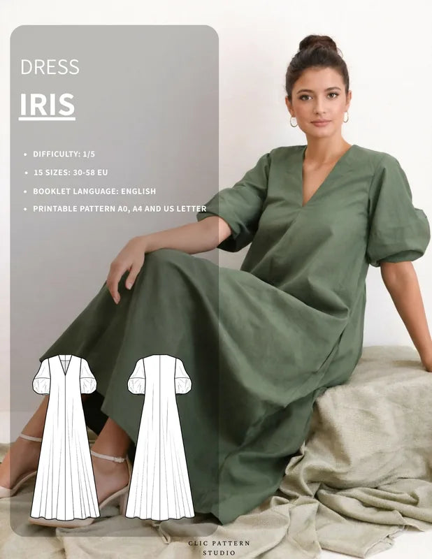 Femme portant le Patron PDF Robe IRIS longue du 30 au 58, manches bouffantes, en lin kaki
