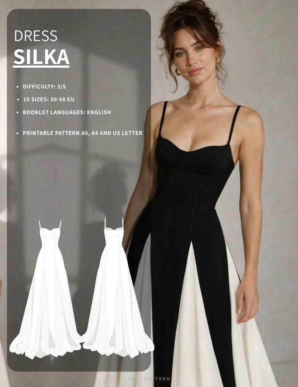 Femme portant le Patron PDF Robe SILKA du 30 au 58, bustier en velours noir avec traîne blanche