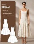 Femme portant le Patron PDF Robe ROSALI du 30 au 58, robe midi blanche en broderie anglaise, col carré, jupe évasée
