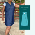 Femme portant le Patron PDF Robe Néris en denim bleu, col V avec croisure, manches courtes, en extérieur