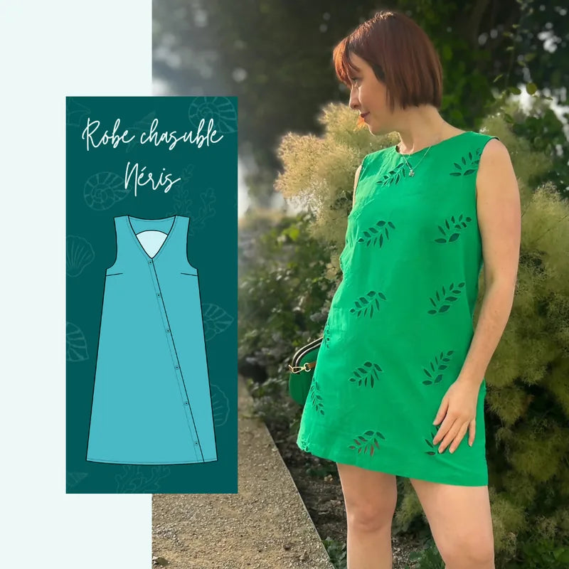 Femme portant le Patron PDF Robe Néris du 32 au 52, sans manches en coton vert anis à motifs feuillages