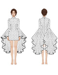 Patron PDF Robe femme MONA FLOW du 30 au 58, vue dos et face, pois noirs, manches longues, jupe asymétrique volantée
