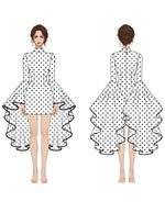 Patron PDF Robe femme MONA FLOW du 30 au 58, vue dos et face, pois noirs, manches longues, jupe asymétrique volantée