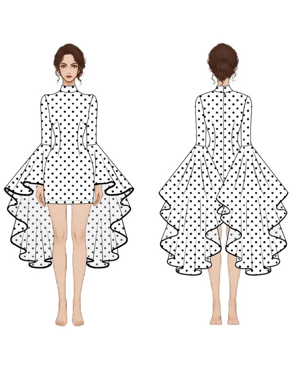Patron PDF Robe femme MONA FLOW du 30 au 58, vue dos et face, pois noirs, manches longues, jupe asymétrique volantée