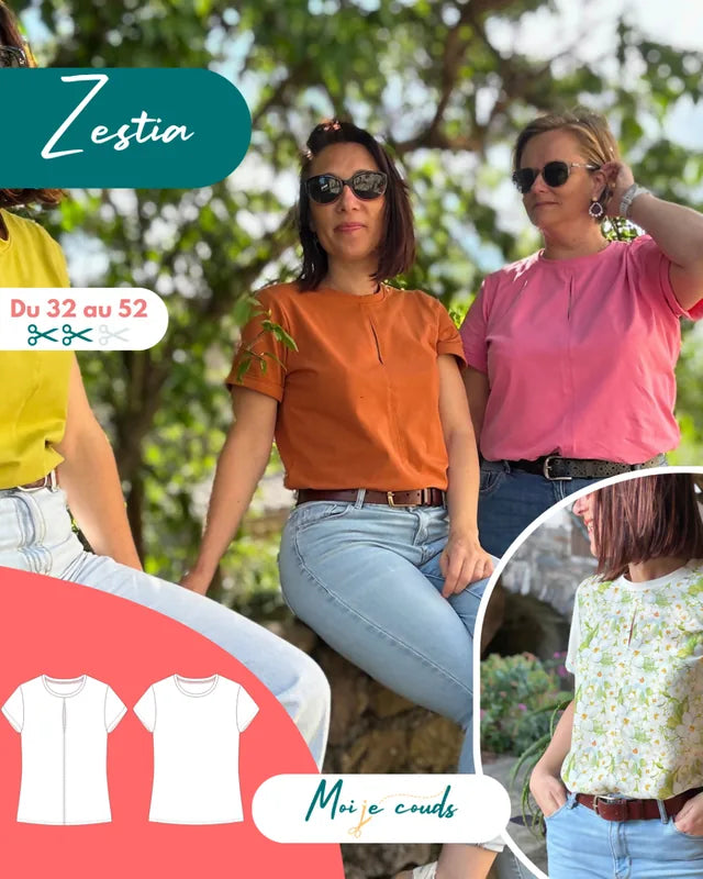 Patron PDF T-Shirt Femme Zestia du 32 au 52, trois femmes portant le modèle en coton dans un jardin ensoleillé