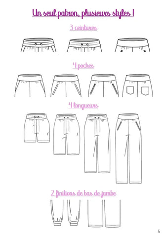 Patron PDF Pantalon A du 32 au 60, trois ceintures, quatre poches et longueurs variables