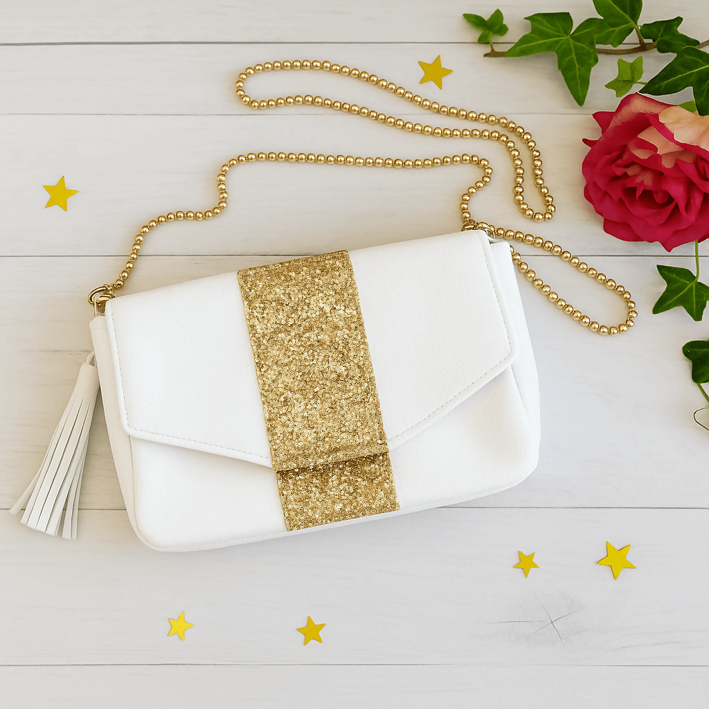 Pochette de cérémonie Lyna avec chaîne dorée, parfait accessoire pour événements spéciaux. Patron de couture PDF à télécharger.