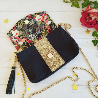 Pochette de cérémonie Lyna noire et dorée avec chaîne dorée, patron de couture pdf à télécharger