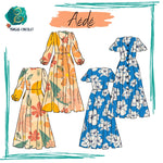 Patron de couture PDF Aédé, robe longue à manches longues et papillons, tailles 36 à 50, disponible en français.