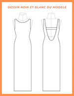 Schéma de la Robe Aury, patron de couture pdf à télécharger, en noir et blanc, vue avant et arrière.