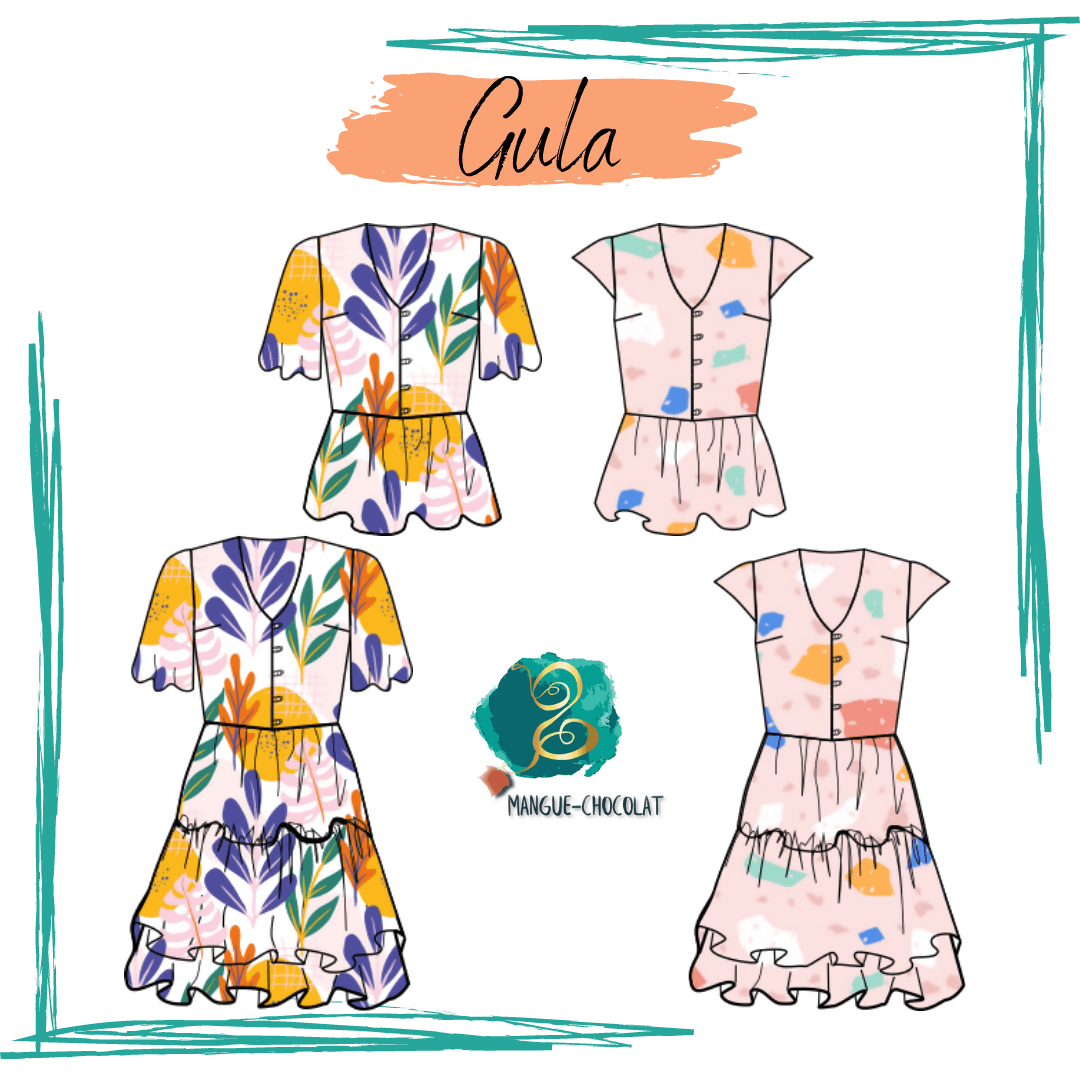 Illustration du patron de couture pdf à télécharger Robe/ Blouse Gula - T36 à 50 avec options de manches variées et designs colorés.
