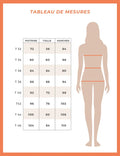 Tableau de mesures pour les tailles de femme, indiquant les dimensions de poitrine, taille et hanches.