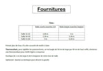Tableau des fournitures pour confectionner la Robe "Doline" du 32 au 60, patron de couture pdf à télécharger, détails de tissu et accessoires.