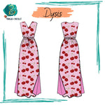 Illustration de la Robe Dysis - T 36 à 50, patron de couture pdf à télécharger, longue robe imprimée cerises col en V et fentes latérales.