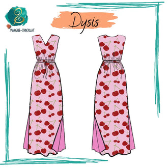 Illustration de la Robe Dysis - T 36 à 50, patron de couture pdf à télécharger, longue robe imprimée cerises col en V et fentes latérales.