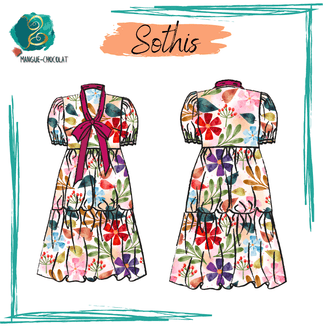 Robe Sothis - patron de couture PDF T36 à 50, style babydoll avec col lavallière et manches froncées.