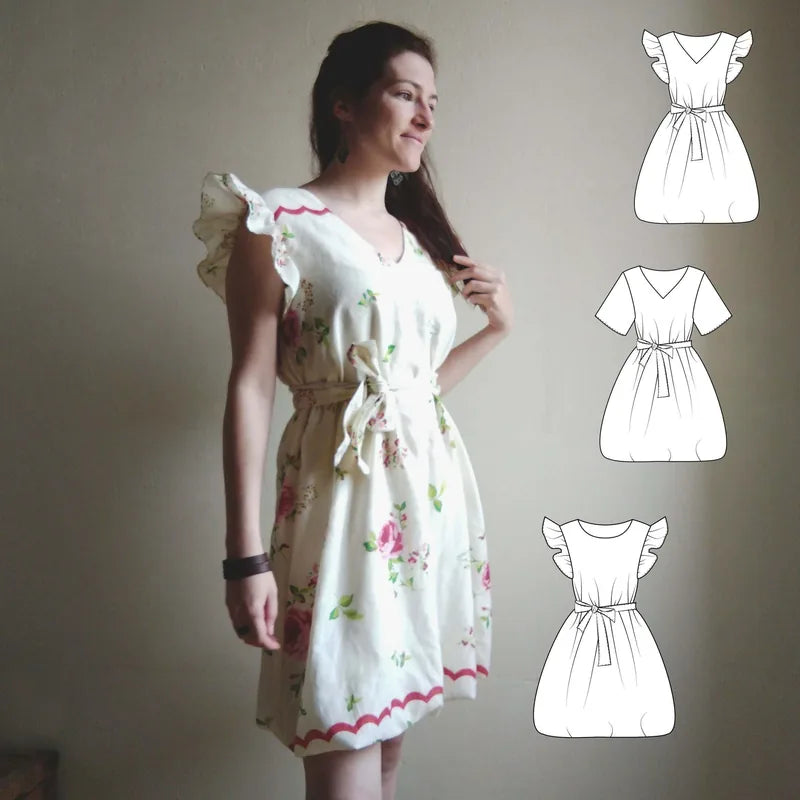 Robe "Topalyne" du 32 au 60 avec manches volantées, patron de couture pdf à télécharger, vue complète de la robe avec dessins techniques.