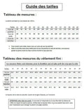 Tableau des tailles pour Robe "Topalyne" du 32 au 60, patron de couture pdf à télécharger, incluant mesures du vêtement fini.