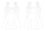 Illustration du patron de couture pdf à télécharger pour Robe - XS/XL - VANILLA, modèle avec rubans décoratifs, niveau expert.