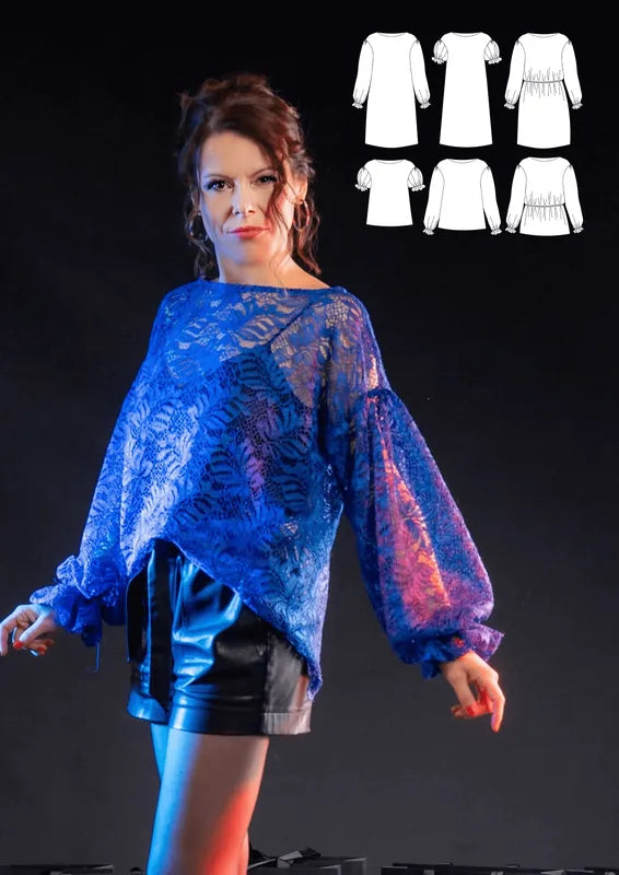 Modèle de robe ou top DAUMESNIL en dentelle bleue, avec options de couture à manches longues ou courtes.