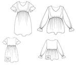 Illustration du patron de couture pdf à télécharger pour Robe/Top "Glynis" du 32 au 60, avec manches papillons et bouffantes.